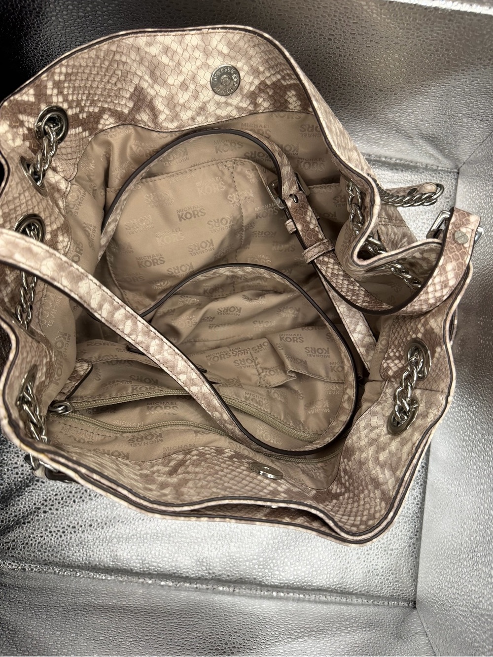 Michael Kors Taupe Snake-Print Shoulder Bag with Chain Straps - Picture 7 of 7